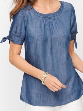 Talbots Chambray Denim Short Tie Sleeve Americana Casual Picnic Country Blue M